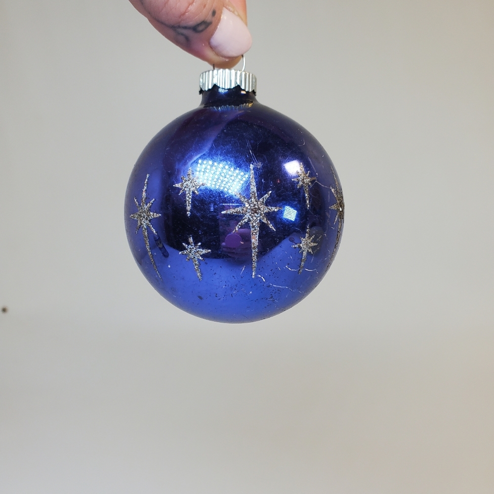 Vintage Shiny Brite Blue Mica Atomic Star Burst RARE Glass Christmas Ornament